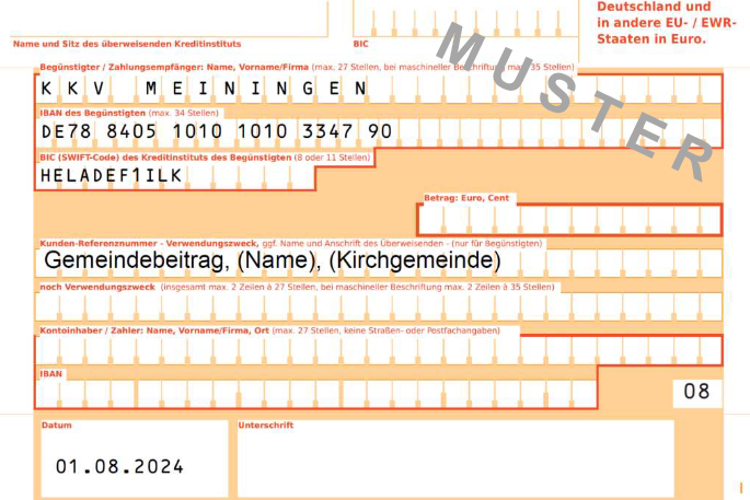 Muster einer Überweisung für den Gemeindebeitrag mit IBAN, BIC und Verwendungszweck
